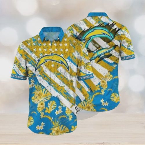 Los Angeles Chargers Gold Flowers Blue Hawaiian Shirt