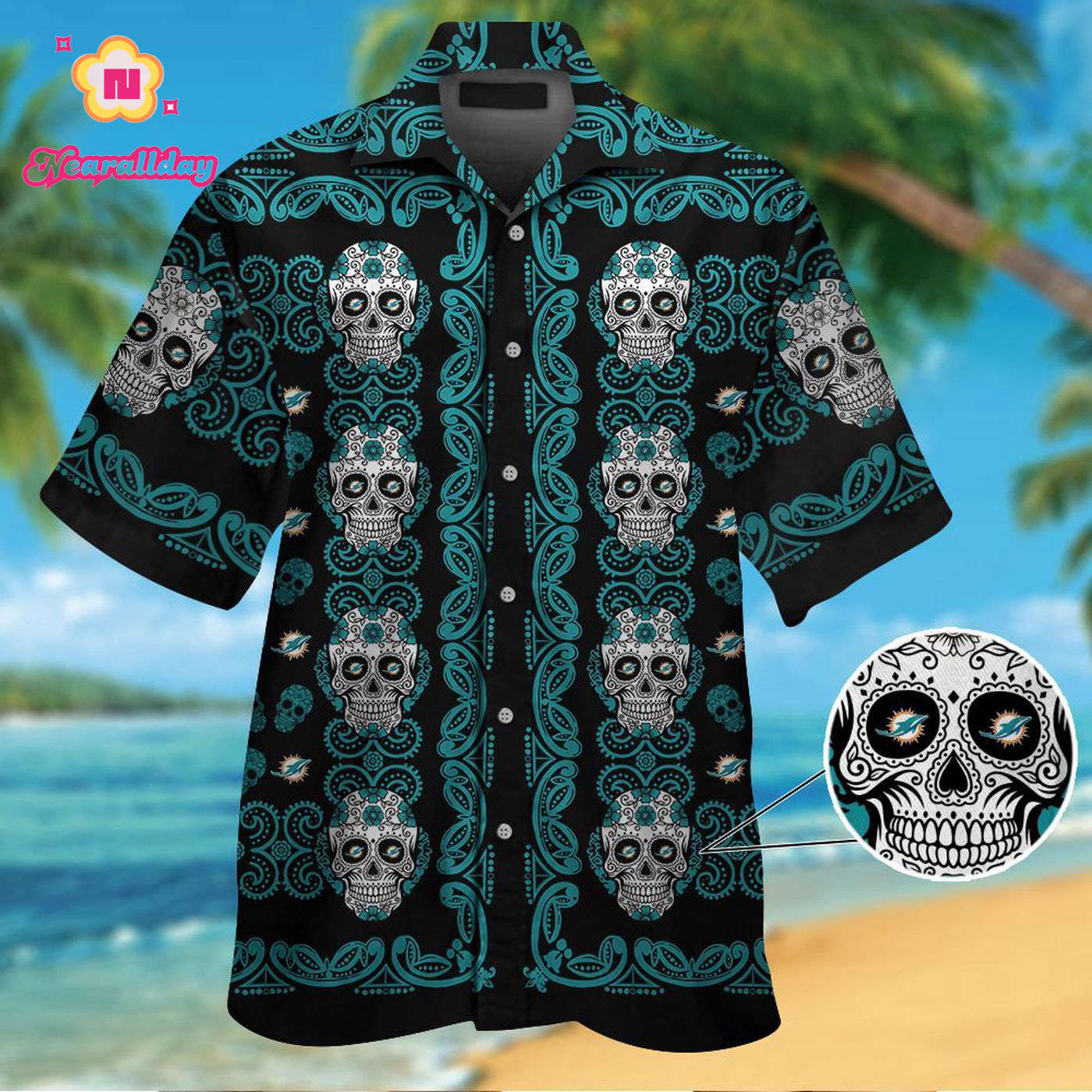 Miami Dolphins Skull Hawaiian Shirt Gift for Men Women #2 Miami Dolphins Skull Hawaiian Shirt Gift for Men Women #2