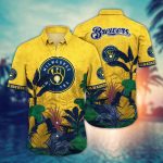 MLB Milwaukee Brewers Hawaiian Shirt: Tropical Trees Pattern for Fans