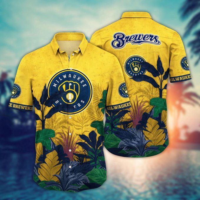 MLB Milwaukee Brewers Hawaiian Shirt: Tropical Trees Pattern for Fans