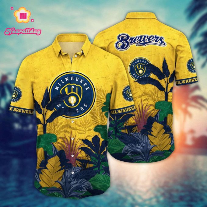 MLB Milwaukee Brewers Hawaiian Shirt: Tropical Trees Pattern for Fans