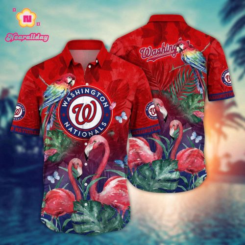 MLB Washington Nationals Hawaiian Shirt: Pink Crane Flower Pattern - Perfect for Fans