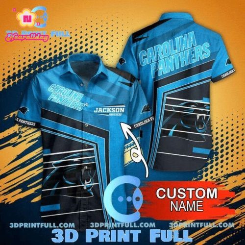 NFL Carolina Panthers Custom Name Blue Black Hawaiian Shirt Men & Women Aloha Shirt