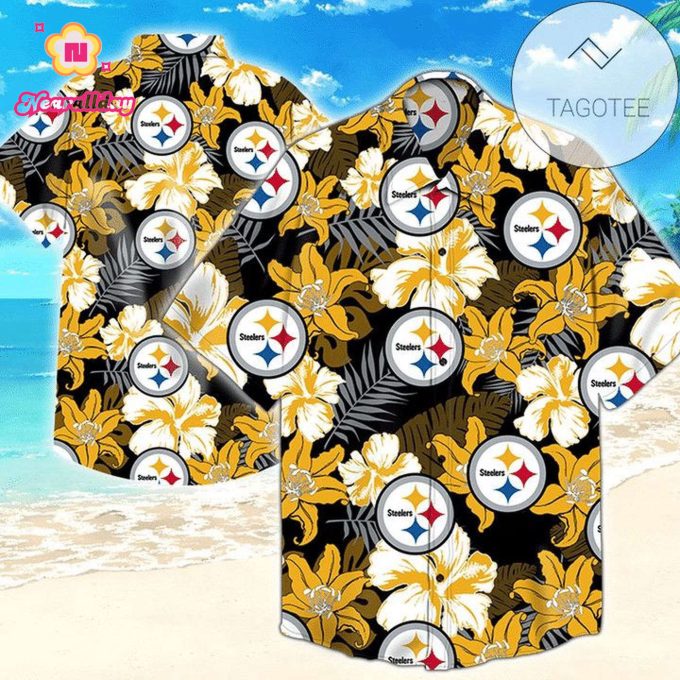 NFL Pittsburgh Steelers Golden Flower Grey Leaf Hawaiian Shirt Men & Women Aloha Shirt