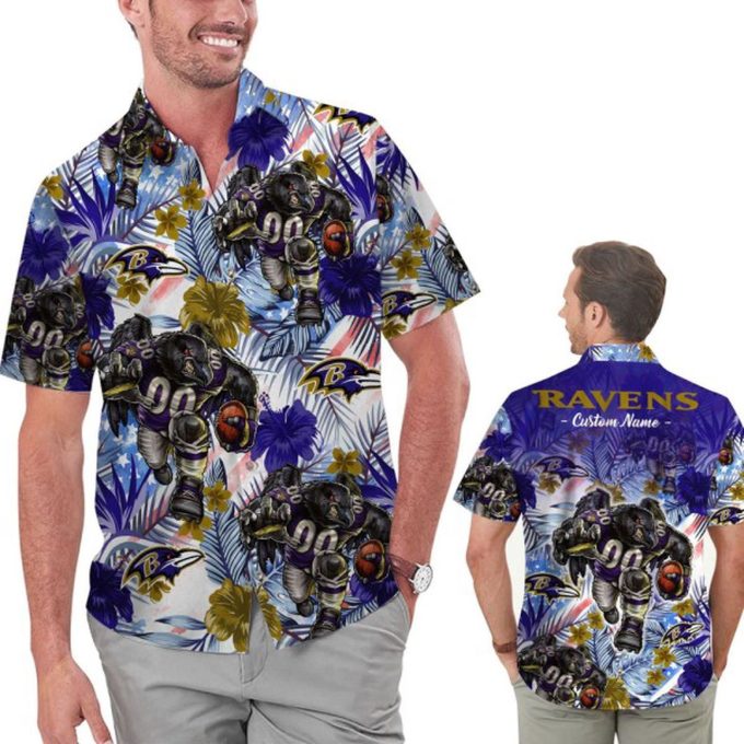Personalized Baltimore Ravens Tropical Floral America Flag Hawaiian Shirt