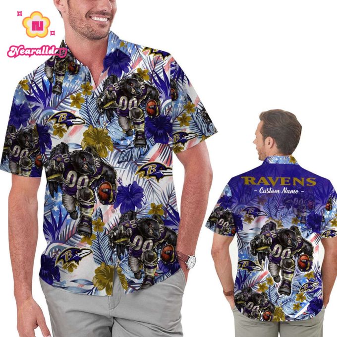 Personalized Baltimore Ravens Tropical Floral America Flag Hawaiian Shirt