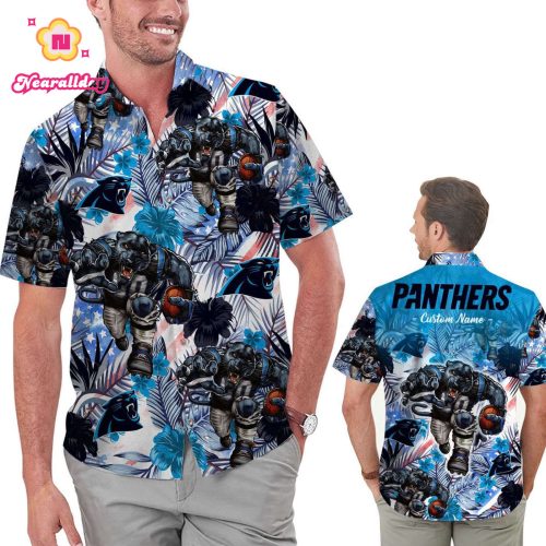 Personalized Carolina Panthers Tropical Floral America Flag Hawaiian Shirt