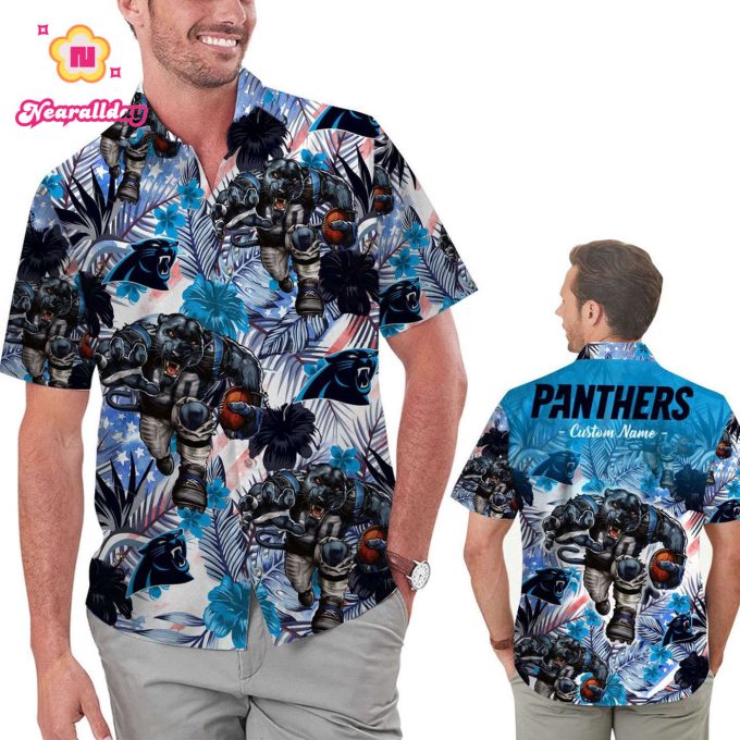 Personalized Carolina Panthers Tropical Floral America Flag Hawaiian Shirt