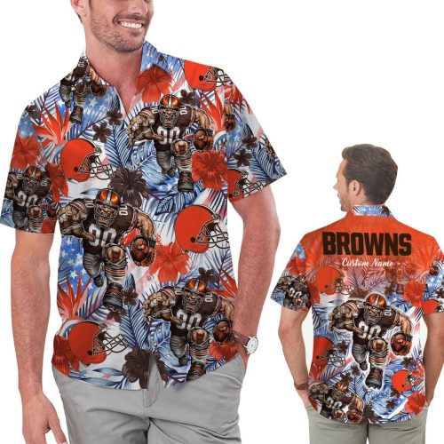 Personalized Cleveland Browns Tropical Floral America Flag Hawaiian Shirt