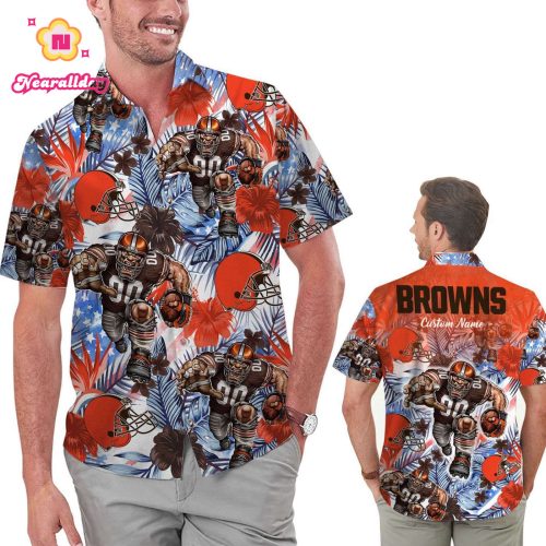 Personalized Cleveland Browns Tropical Floral America Flag Hawaiian Shirt