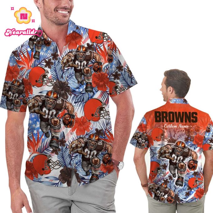 Personalized Cleveland Browns Tropical Floral America Flag Hawaiian Shirt