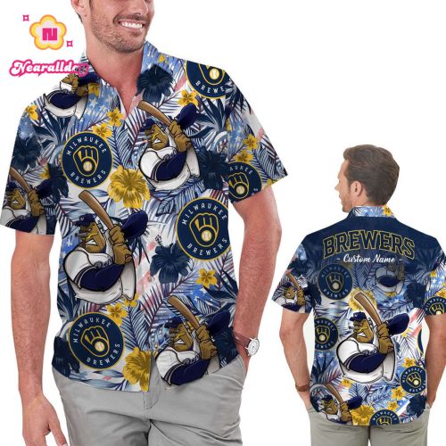 Custom Milwaukee Brewers Tropical Floral American Flag Hawaiian Shirt