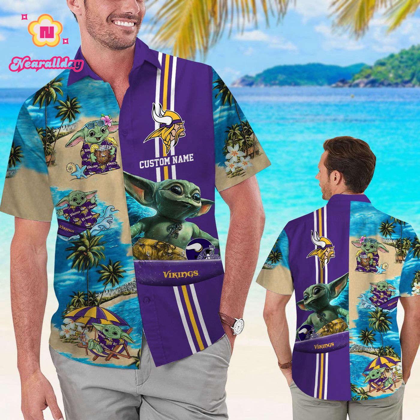 Personalized Minnesota Vikings & Baby Yoda Hawaiian Shirt Personalized Minnesota Vikings & Baby Yoda Hawaiian Shirt