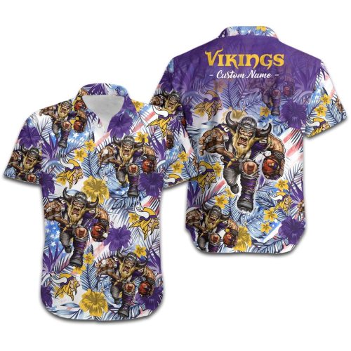 Personalized Minnesota Vikings Tropical Floral America Flag Hawaiian Shirt