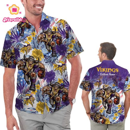 Personalized Minnesota Vikings Tropical Floral America Flag Hawaiian Shirt