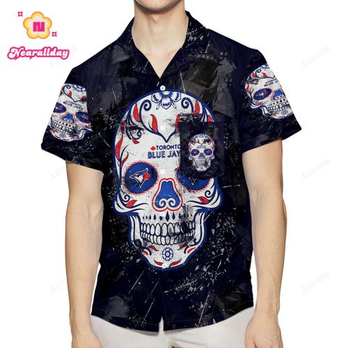 Toronto Blue Jays Russell Skull Purple 3D All Over Print Hawaiian Shirt - Summer Beachwear with Pocket