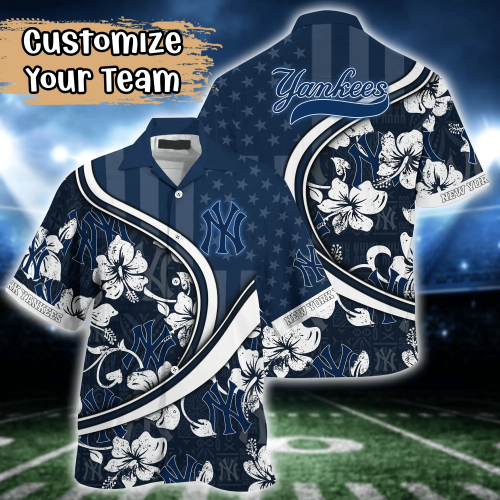 New York Yankees US Flag Flower Hawaii Shirt & Tshirt for Fans - Custom Summer Football Shirts Gift