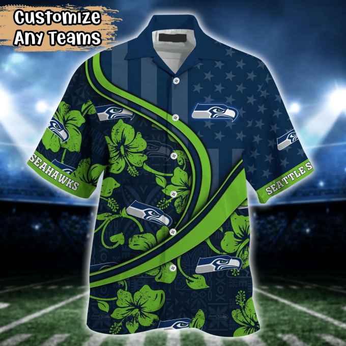 Seattle Seahawks NFL US Flag Flower Hawaii Shirt And Tshirt For Fans, Custom Summer Football Shirts Gift