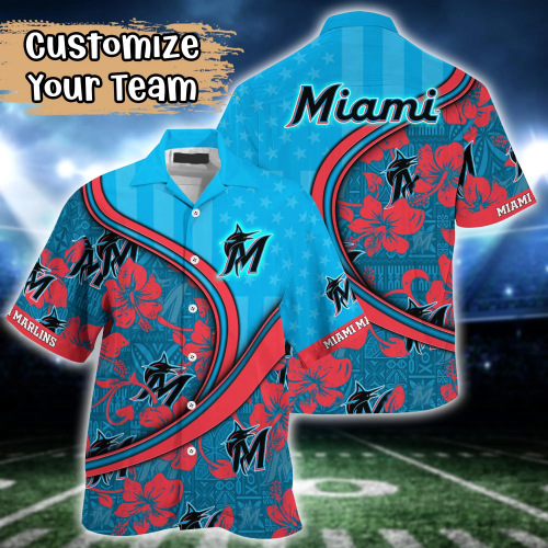 Official Miami Marlins US Flag Flower Hawaii Shirt & Tshirt - Perfect Summer Football Gift for Fans