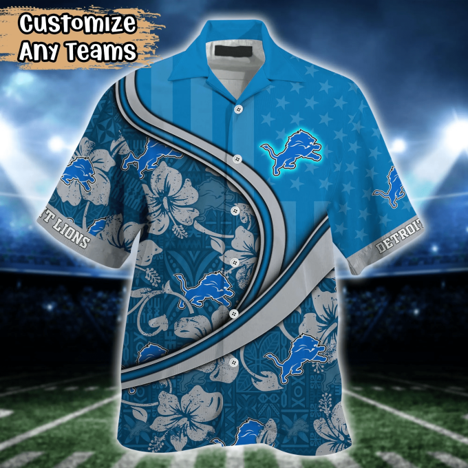Detroit Lions NFL US Flag Flower Hawaii Shirt And Tshirt For Fans, Custom Summer Football Shirts Gift