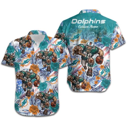 Personalized Miami Dolphins Tropical Floral America Flag Funny Hawaiian Shirt