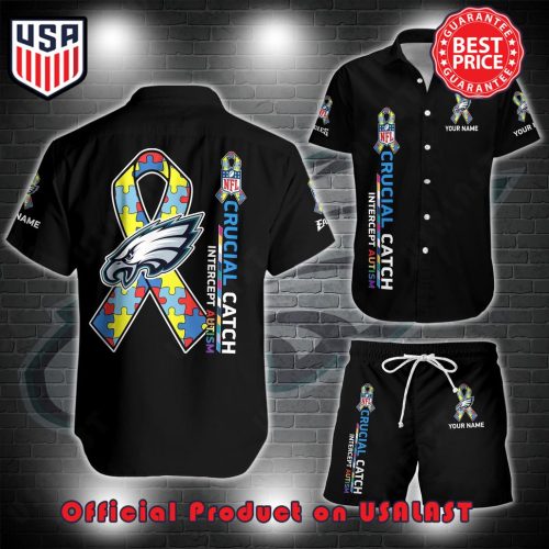 Philadelphia Eagles NFL Crucial Catch Intercept Austism Custom Name Hawaii Shirt And Short