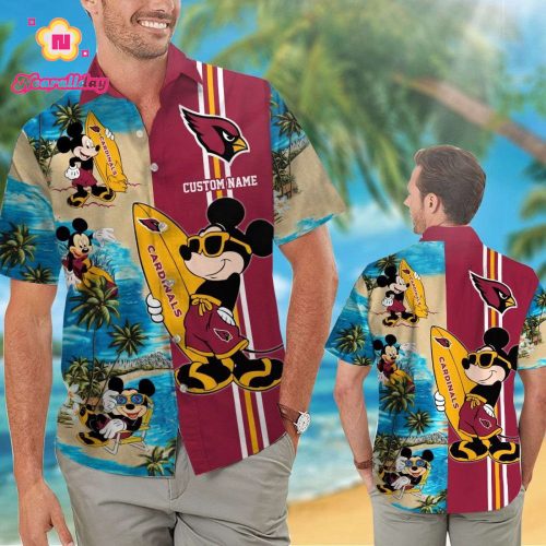Arizona Cardinals Mickey Name Personalized Short Sleeve Button Up Tropical Aloha Hawaiian Shirt Set for Men Women Kids