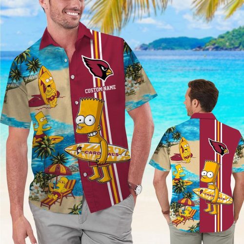 Arizona Cardinals Simpsons Name Personalized Short Sleeve Button Up Tropical Aloha Hawaiian Shirt Set for Men Women Kids