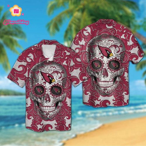 Arizona Cardinals Sugarskull Short Sleeve Button Up Tropical Aloha Hawaiian Shirt Set for Men Women Kids