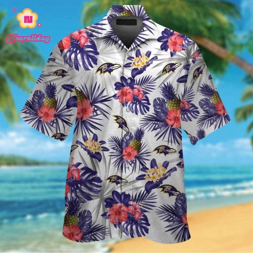 Baltimore Ravens Short Sleeve Button Up Tropical Aloha Hawaiian Shirt Set for Men Women Kids Gift