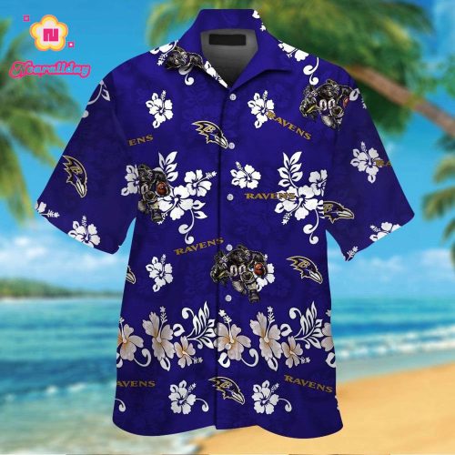 Baltimore Ravens Short Sleeve Button Up Tropical Aloha Hawaiian Shirt Set for Men Women Kids Gift