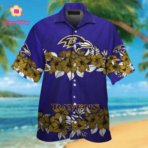 Baltimore Ravens Short Sleeve Button Up Tropical Aloha Hawaiian Shirt Set for Men Women Kids Gift