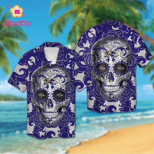 Baltimore Ravens Sugarskull Short Sleeve Button Up Tropical Aloha Hawaiian Shirt Set for Men Women Kids