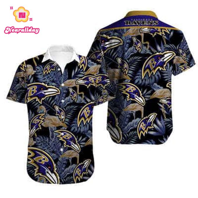 Black Aloha NFL Baltimore Ravens Hawaiian Shirt Palm Leaves Beach Gift For Friend