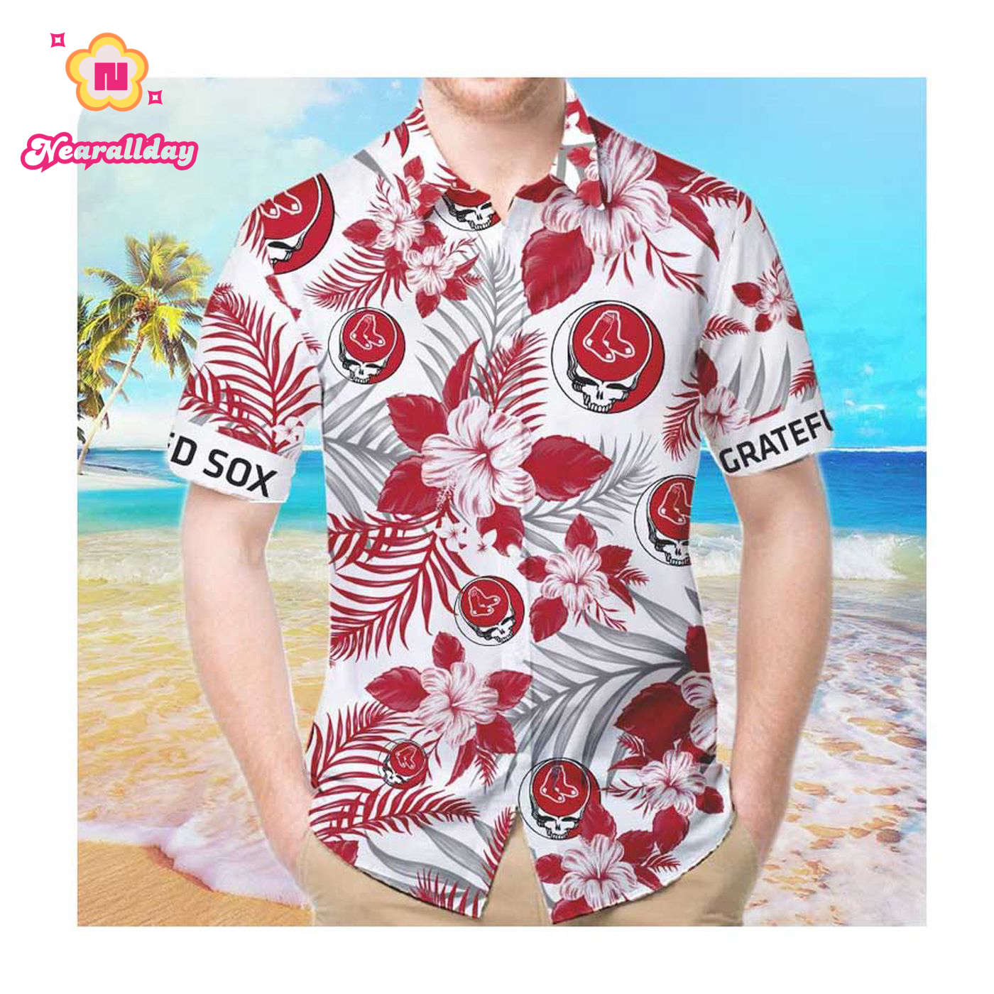 Grateful Dead x Boston Red Sox Hawaiian Button Up Shirt – Summer Men s Women s Style Grateful Dead x Boston Red Sox Hawaiian Button Up Shirt – Summer Men s Women s Style