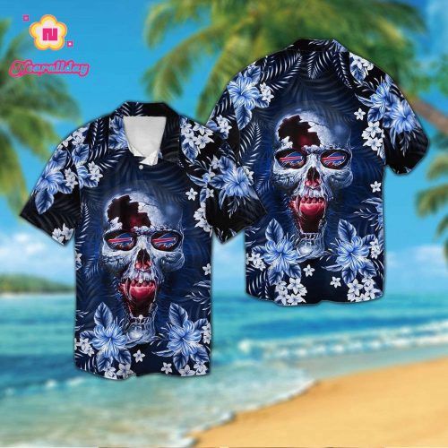 Buffalo Billsskull Short Sleeve Button Up Tropical Aloha Hawaiian Shirt Set for Men Women Kids Gift