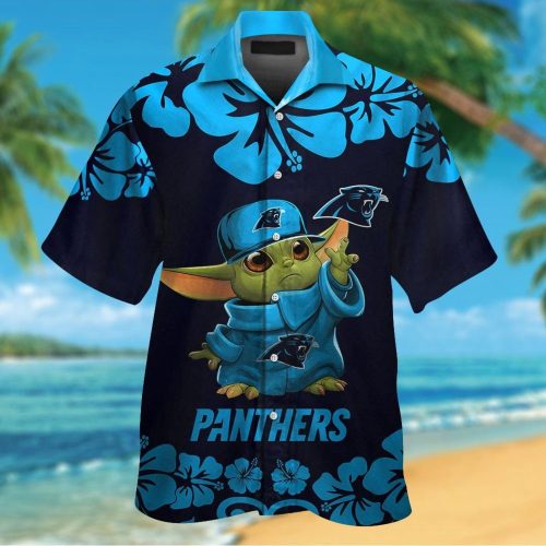 Carolina Panthers Baby Yoda Short Sleeve Button Up Tropical Aloha Hawaiian Shirt Set for Men Women Kids