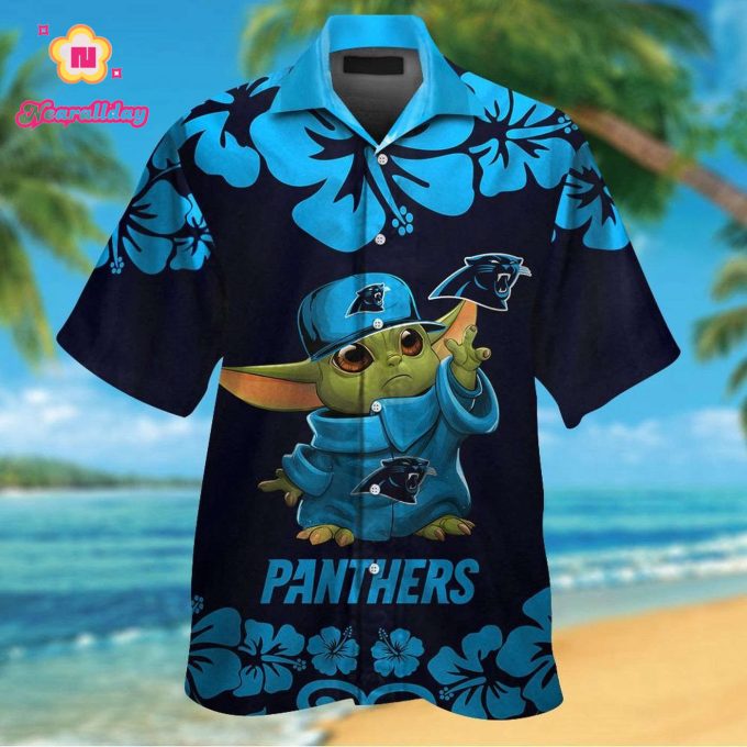 Carolina Panthers Baby Yoda Short Sleeve Button Up Tropical Aloha Hawaiian Shirt Set for Men Women Kids