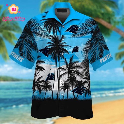 Carolina Panthers Short Sleeve Button Up Tropical Aloha Hawaiian Shirts Shirt Hawaiian Shirt Set for Men Women Kids