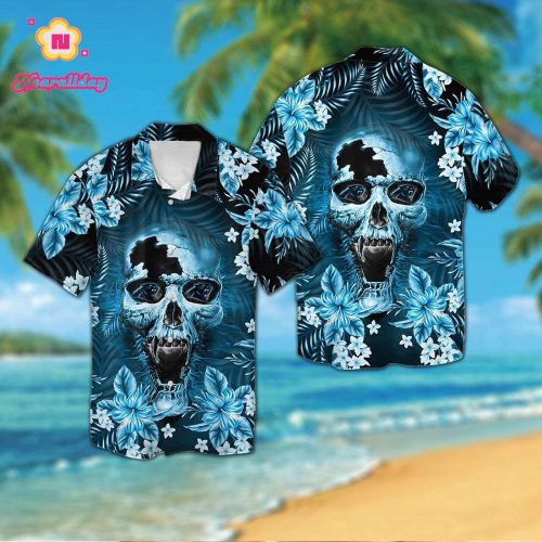 Carolina Panthersskull Short Sleeve Button Up Tropical Aloha Hawaiian Shirt Set for Men Women Kids Gift