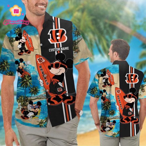 Cincinnati Bengals Mickey Name Personalized Short Sleeve Button Up Tropical Aloha Hawaiian Shirt Set for Men Women Kids