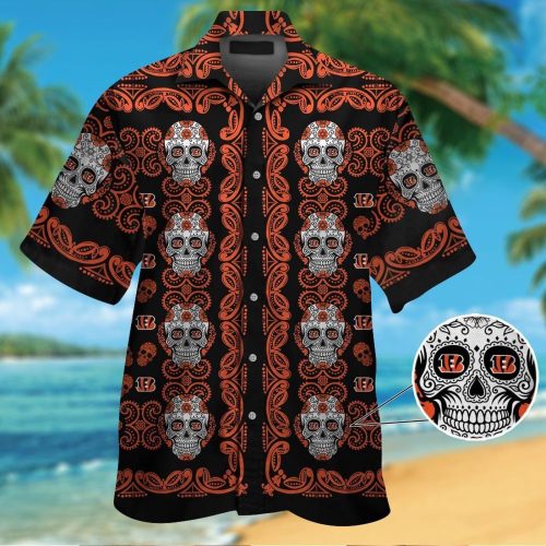Cincinnati Bengalsskull Short Sleeve Button Up Tropical Aloha Hawaiian Shirt Set for Men Women Kids Gift