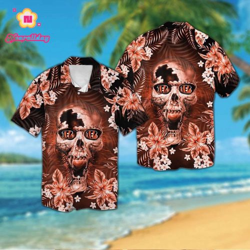 Cincinnati Bengalsskull Short Sleeve Button Up Tropical Aloha Hawaiian Shirt Set for Men Women Kids Gift