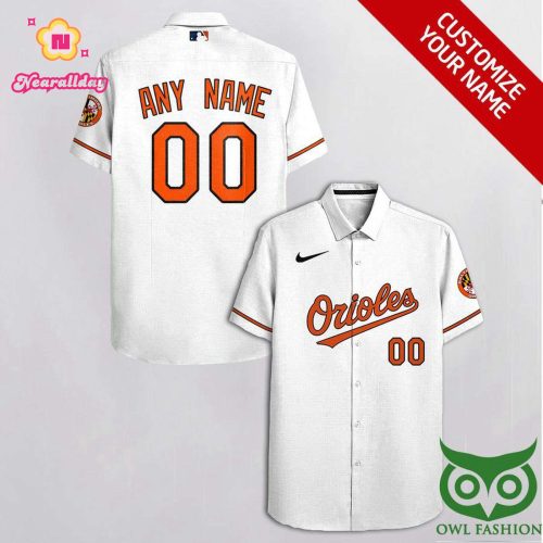 Personalized Baltimore Orioles White & Orange Hawaiian Shirt with Custom Name and Number