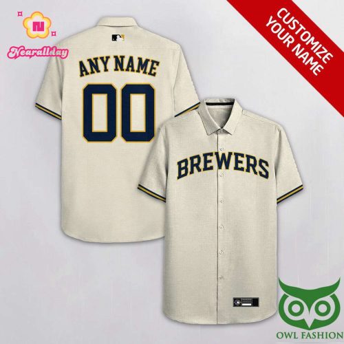 Personalized Milwaukee Brewers Beige Hawaiian Shirt with Custom Name & Number