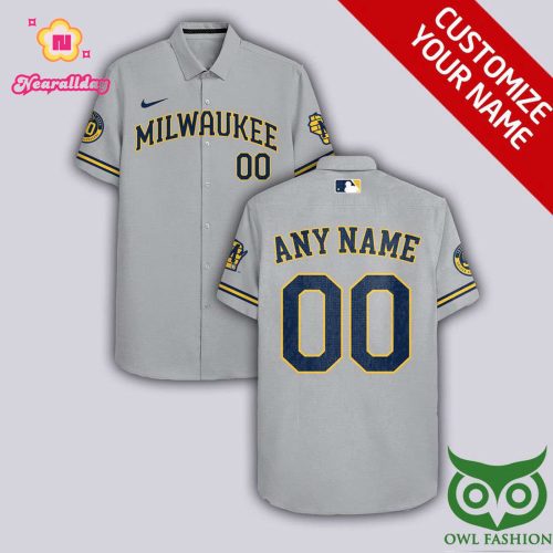 Personalized Milwaukee Brewers Gray Hawaiian Shirt with Custom Name and Number