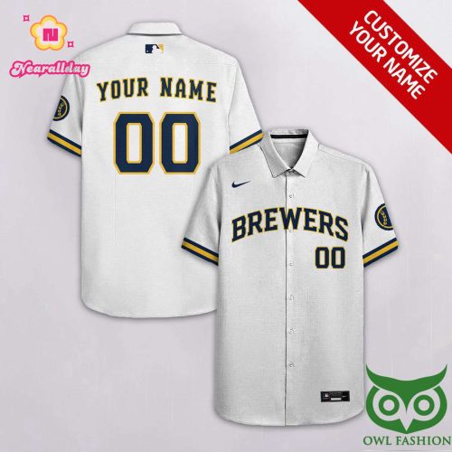 Personalized Milwaukee Brewers White Hawaiian Shirt with Custom Name and Number