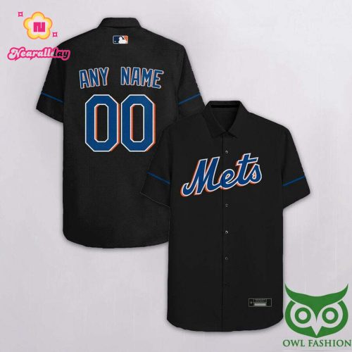 Personalized New York Mets Black Blue Hawaiian Shirt with Custom Name and Number