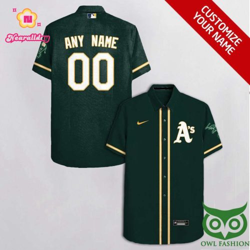 Personalized Oakland Athletics Dark Green Hawaiian Shirt with Custom Name and Number