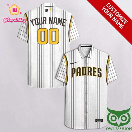 Personalized San Diego Padres Brown Stripes White Hawaiian Shirt with Custom Name and Number